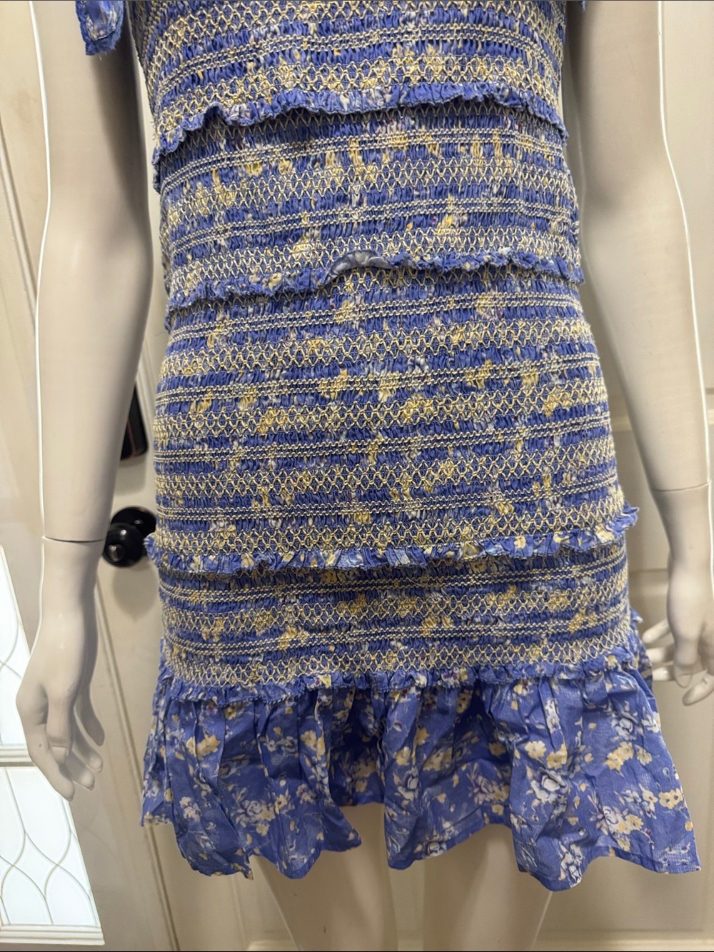 LoveShackFancy Belle Smocked Tie Straps Cotton Mini Dress Blue Jay Floral Print - Picture 4 of 13